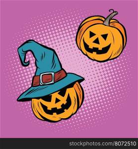 Evil Halloween pumpkin hat pilgrim, pop art retro vector illustration