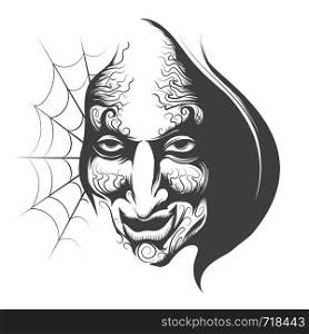 Evil Magician Face drawn in tattoo style. Vector illustration