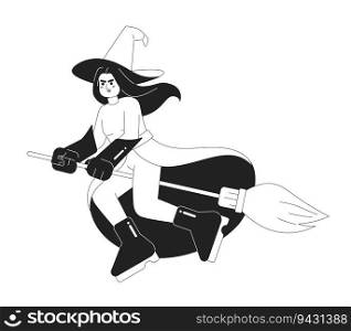 Evil witch on broom monochromatic flat vector character. Editable full body enchantress with long silver hair and green skin on white. Simple bw cartoon spot image for web graphic design. Evil witch on broom monochromatic flat vector character