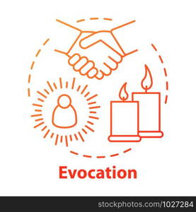 Evocation concept icon. Spiritualistic session, divination service. Occultism and esoterics idea thin line illustration. Candles and holding hands vector isolated outline drawing. spirits conjuration