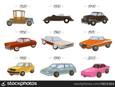 Evolution of cars, isolated vintage and retro automobiles of 20s and 30s, 40s and 50s, 60s and 70s. Development and classic design of vehicles, transport of 1980s and 1990s. Vector in flat style. Vintage and retro automobiles, evolution of car