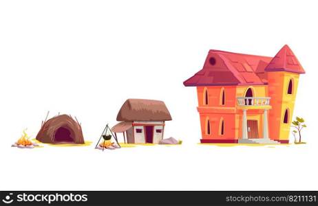 Evolution of house architecture, cartoon vector illustration. Human home dwelling development process, hut of branches icon, medieval rural house, old stone mansion isolated on white. Evolution of house architecture, cartoon concept