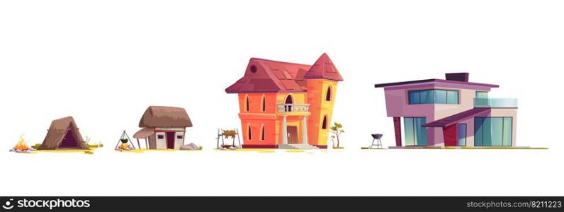Evolution of house architecture, cartoon vector illustration. Human home dwelling development process, hut of branches icon, medieval rural house, old stone mansion and modern concrete villa isolated. Evolution of house architecture, cartoon concept