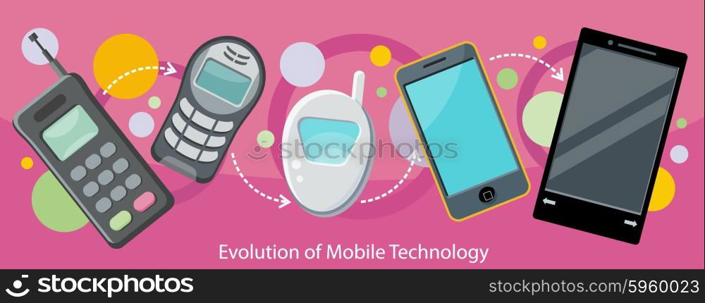 Evolution of mobile technology design flat. Communication telephone, phone modern, cell device, electronic screen, smart and invention, development digital illustration