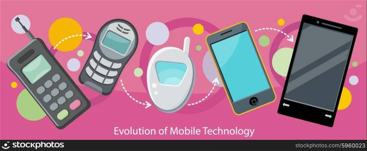 Evolution of mobile technology design flat. Communication telephone, phone modern, cell device, electronic screen, smart and invention, development digital illustration