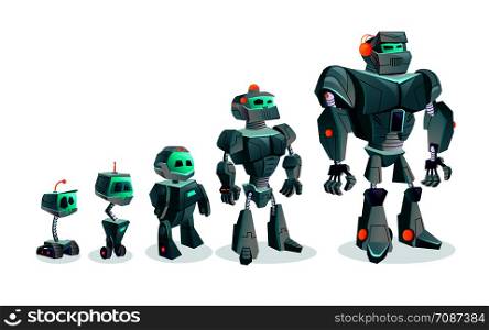 Evolution of robots, artificial intelligence technological progress, cartoon vector illustration isolated on white background. Development of robots from primitive tracked droid to humanoid cyber. Evolution of robots, technological progress