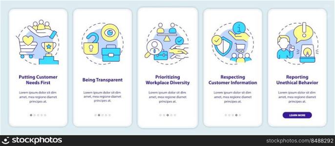 Ex&les of ethical behavior onboarding mobile app screen. Diversity walkthrough 5 steps editable graphic instructions with linear concepts. UI, UX, GUI template. Myriad Pro-Bold, Regular fonts used. Ex&les of ethical behavior onboarding mobile app screen