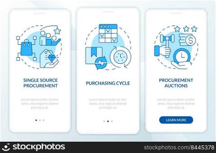 Ex&les of procurement process blue onboarding mobile app screen. Walkthrough 3 steps editable graphic instructions with linear concepts. UI, UX, GUI template. Myriad Pro-Bold, Regular fonts used. Ex&les of procurement process blue onboarding mobile app screen