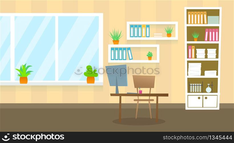 Examination Hospital Office Interior Panorama with Window, Table and Computer Monitor. Pediatrician Professional Doctor Consultation Room for People. Health Care House. Vector Cartoon Illustration.. Doctor Examination Office. Flat Illustration.