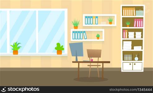Examination Hospital Office Interior Panorama with Window, Table and Computer Monitor. Pediatrician Professional Doctor Consultation Room for People. Health Care House. Vector Cartoon Illustration.. Doctor Examination Office. Flat Illustration.