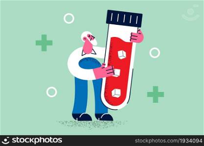 Examining blood and healthcare concept. Old grey haired man cartoon character standing holding huge flasj with red blood for test vector illustration . Examining blood and healthcare concept.
