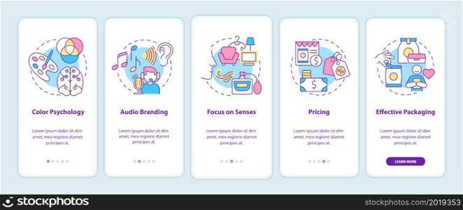Examples of neuromarketing onboarding mobile app page screen. Color psychology walkthrough 5 steps graphic instructions with concepts. UI, UX, GUI vector template with linear color illustrations. Examples of neuromarketing onboarding mobile app page screen