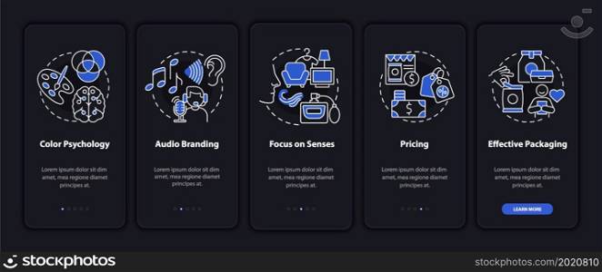 Examples of neuroscience onboarding mobile app page screen. Focus on senses walkthrough 5 steps graphic instructions with concepts. UI, UX, GUI vector template with linear night mode illustrations. Examples of neuroscience onboarding mobile app page screen