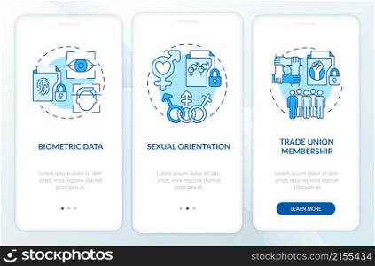 Examples of personal data blue onboarding mobile app screen. Information walkthrough 3 steps graphic instructions pages with linear concepts. UI, UX, GUI template. Myriad Pro-Bold, Regular fonts used. Examples of personal data blue onboarding mobile app screen