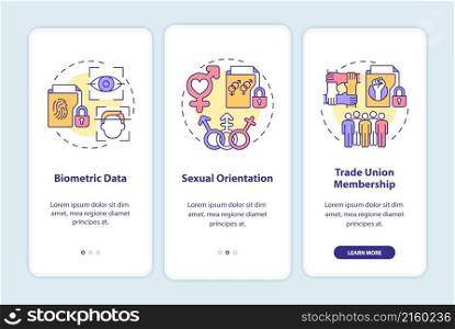 Examples of personal data onboarding mobile app screen. Identity walkthrough 3 steps graphic instructions pages with linear concepts. UI, UX, GUI template. Myriad Pro-Bold, Regular fonts used. Examples of personal data onboarding mobile app screen