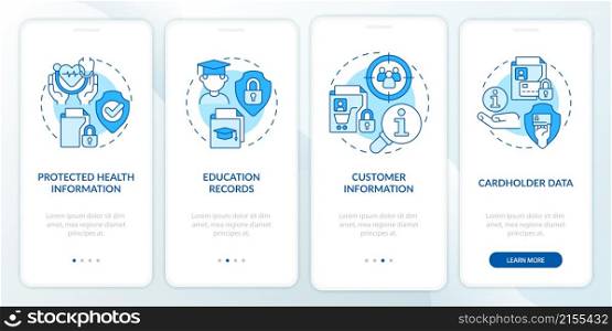 Examples of sensitive blue data onboarding mobile app screen. Identity walkthrough 4 steps graphic instructions pages with linear concepts. UI, UX, GUI template. Myriad Pro-Bold, Regular fonts used. Examples of sensitive blue data onboarding mobile app screen