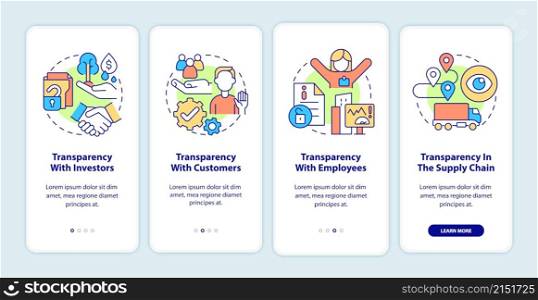 Examples of transparency onboarding mobile app screen. Business walkthrough 4 steps graphic instructions pages with linear concepts. UI, UX, GUI template. Myriad Pro-Bold, Regular fonts used. Examples of transparency onboarding mobile app screen