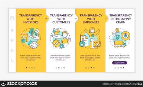 Examples of transparency yellow onboarding template. Business company. Responsive mobile website with linear concept icons. Web page walkthrough 4 step screens. Lato-Bold, Regular fonts used. Examples of transparency yellow onboarding template