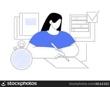 Exams and tests abstract concept vector illustration. Test results, personal exam timetable, stress and anxiety, school classroom, teenage student, writing answers, form sheet abstract metaphor.. Exams and tests abstract concept vector illustration.