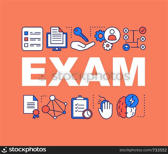 Exams word concepts banner. Examination. Presentation, website. Educational testing. Solution searching. Isolated lettering typography idea with linear icons. Vector outline illustration. Exams word concepts banner