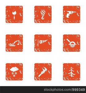 Excavate icons set. Grunge set of 9 excavate vector icons for web isolated on white background. Excavate icons set, grunge style