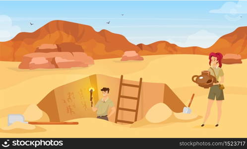 Excavation flat vector illustration. Archaeological site, man observe mural paintings. Sand desert. Egyptian wall pictures discovery. Ground hole in Africa. Expedition cartoon background