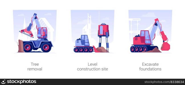 Excavation works at construction site isolated concept vector illustration set. Tree removal, level construction site, bulldozer excavates the foundation for building new house vector cartoon.. Excavation works at construction site isolated concept vector illustrations.