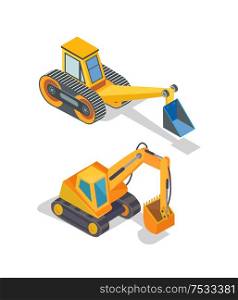 Excavator and bulldozer industrial machinery icons vector. Loader with shovel, excavation machine, backhoe device. Loader mechanical dredger mechanism. Excavator and Bulldozer Industrial Machinery Icons