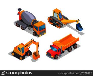 Excavator and cement mixer industrial machinery isolated icons vector. Digger loader and truck with container, bulldozer, transportation of goods. Excavator and Cement Mixer Industrial Machinery