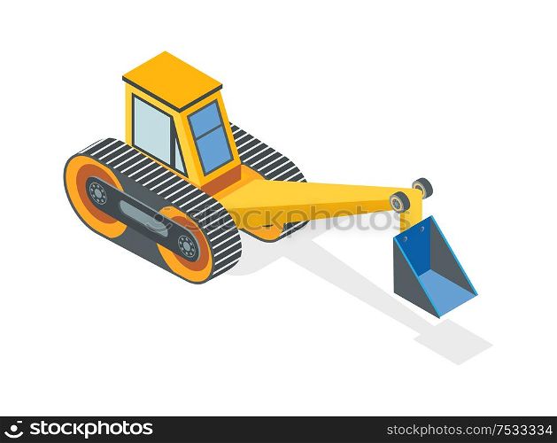 Excavator construction machine with dig bucket, icon vector. Industrial usage machinery, excavation equipment earthworks service, bulldozer dredger. Excavator Construction Machine with Dig Bucket