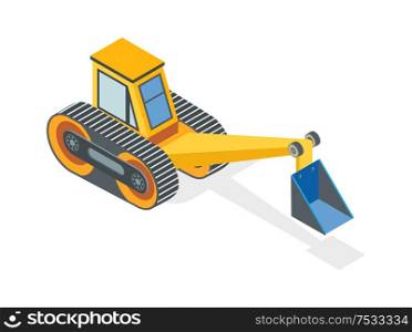 Excavator construction machine with dig bucket, icon vector. Industrial usage machinery, excavation equipment earthworks service, bulldozer dredger. Excavator Construction Machine with Dig Bucket