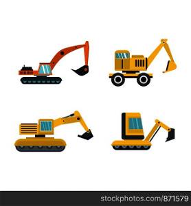 Excavator icon set. Flat set of excavator vector icons for web design isolated on white background. Excavator icon set, flat style