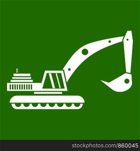 Excavator icon white isolated on green background. Vector illustration. Excavator icon green