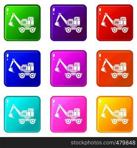 Excavator icons of 9 color set isolated vector illustration. Excavator icons set 9