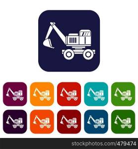 Excavator icons set vector illustration in flat style in colors red, blue, green, and other. Excavator icons set