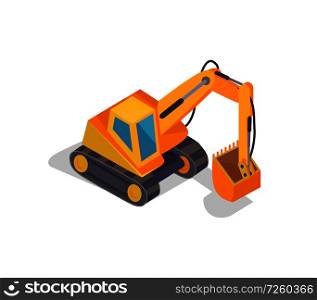 Excavator machine banner, vector illustration with big yellow crawler, hydraulic crane and massive ladle, special excavation machine, square cabine. Excavator Machine Banner, Vector Illustration