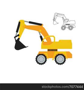 Excavator simple icon with flat colors and line art version