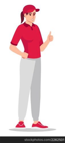 Excellent delivery service quality semi flat RGB color vector illustration. Distributing documents and parcels. Female courier wearing red uniform isolated cartoon character on white background. Excellent delivery service quality semi flat RGB color vector illustration