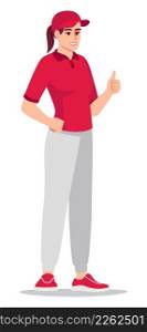Excellent delivery service quality semi flat RGB color vector illustration. Distributing documents and parcels. Female courier wearing red uniform isolated cartoon character on white background. Excellent delivery service quality semi flat RGB color vector illustration
