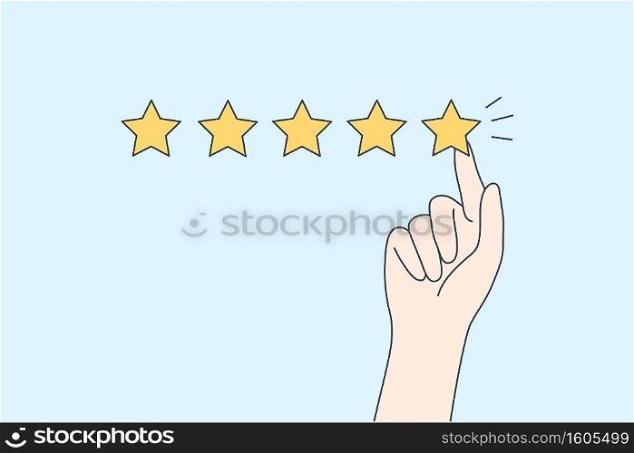 Excellent rating, perfect service and customer feedback concept. Hyman hand showing five star excellent rating with client experience on blue background vector illustration . Excellent rating, perfect service and customer feedback concept