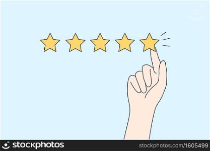 Excellent rating, perfect service and customer feedback concept. Hyman hand showing five star excellent rating with client experience on blue background vector illustration . Excellent rating, perfect service and customer feedback concept