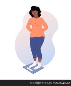 Excess weight. Unhappy woman standing on scales and measuring. Need to lose weight. African american lady dissatisfied with weight gain. Flat vector illustration.. Excess weight. Unhappy woman standing on scales and measuring. Need to lose weight. African american lady dissatisfied with weight gain. Flat vector illustration