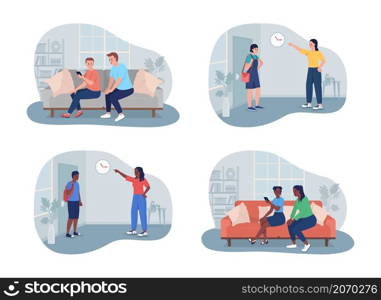 Excessive parental control 2D vector isolated illustration set. Overbearing parents and teenagers flat characters on cartoon background. Parental involvement colourful scene collection. Excessive parental control 2D vector isolated illustration set