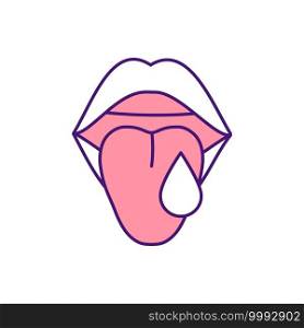 Excessive saliva flow RGB color icon. Excessive drooling, hypersalivation. Tonsil infection. Increasing saliva production. Poor mouth and tongue control. Strep throat. Isolated vector illustration. Excessive saliva flow RGB color icon
