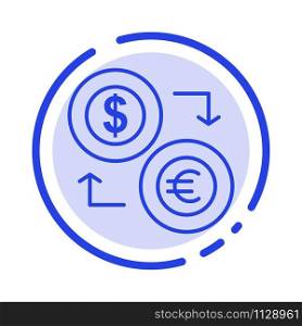 Exchange, Coins, Currency, Dollar, Euro, Finance, Financial, Money Blue Dotted Line Line Icon