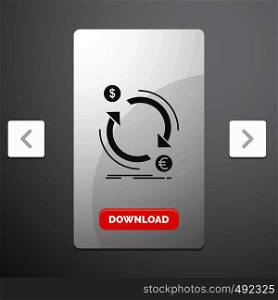 exchange, currency, finance, money, convert Glyph Icon in Carousal Pagination Slider Design & Red Download Button. Vector EPS10 Abstract Template background