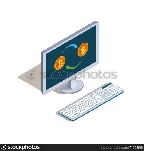 Exchange dollars for bitcoins online vector concept. Isometric 3d finance, internet banking illustration isolated on white with shadow. Exchange dollars for bitcoins online vector concept. Isometric finance, internet banking illustration
