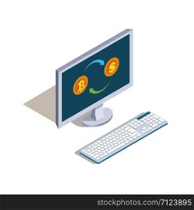 Exchange dollars for bitcoins online vector concept. Isometric 3d finance, internet banking illustration isolated on white with shadow. Exchange dollars for bitcoins online vector concept. Isometric finance, internet banking illustration