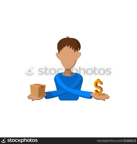 Exchange goods for money icon in cartoon style isolated on white background. Exchange goods for money icon, cartoon style