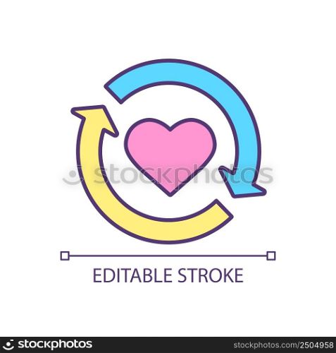 Exchanging love RGB color icon. Manage feelings. Emotional and social development. Healthy relationship. Isolated vector illustration. Simple filled line drawing. Editable stroke. Arial font used. Exchanging love RGB color icon